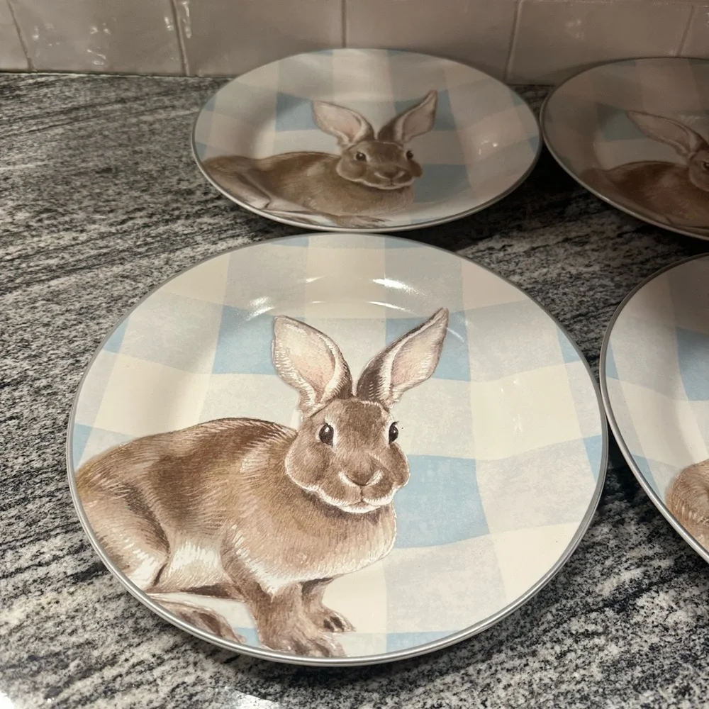 4 WILLIAMS SONOMA DAMASK BUNNY DINNER PLATES